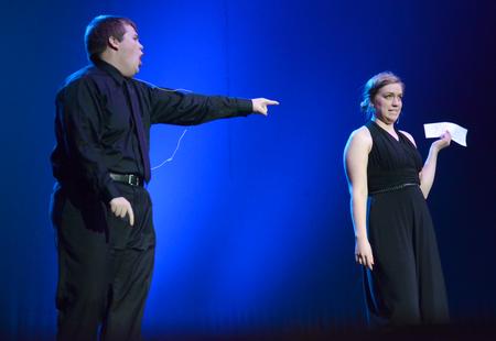 Members of the Student Activities Council, Reeves Garrett, sophomore biblical studies major, and Amy Brassart, senior elementary education major, perform in the 17th Annual Variety Show. - Photo by MiKalla Cotton