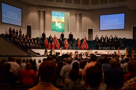 The chapel band leads the congregation in singing during a benefit concert held at West Jackson Baptist Church to support the Olivia Greenlee Memorial Scholarship. - Photo by Jacob Moore