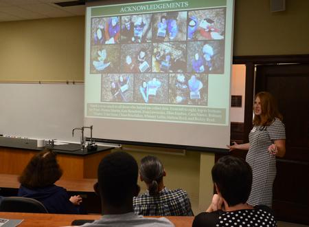 Brooklin Byrd, senior biology major, thanks the people who contributed to her investigation of eastern screech owls’ nesting preferences during her presentation at the annual Scholarship Symposium. - Photo by Jacob Moore