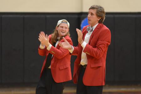 Fred Fanatics Will Spicer, senior political science major, and Willie Louth, junior economics major, pump up the new students at the Focus Spirit Rally Run in the Fred DeLay gymnasium. - Photo by Emily Stookey