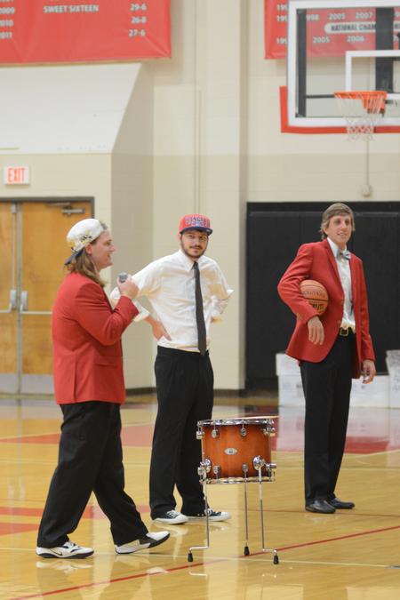Will Spicer, senior political science major, Hunter Hawes, senior Biblical studies major, and Willie Louth, junior economic major, lead the Focus Spirit Rally Run as the "Fred Fanatics." - Photo by Emily Stookey