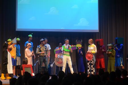 The resident advisors perform "RA Story," a parody of Toy Story, for new students in the G.M. Savage Memorial Chapel. - Photo by Amanda Rohde