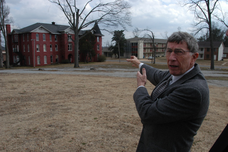 King Jamison (’52) pointed out the location of a fond memory during a tour of the old Union campus.  - Photo by Jim Veneman