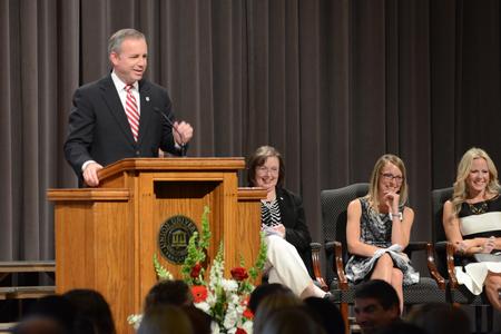 Dub Oliver, president of the university, welcomes the new pharmacy class before the presentation of the coats at the White Coat Ceremony. - Photo by MiKalla Cotton
