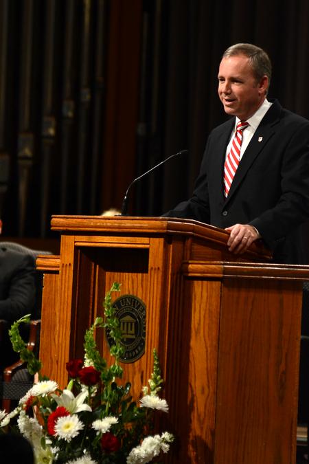 Dub Oliver, president of the university, addresses the class of 2018 pharmacy students at the White Coat Ceremony in the G.M. Savage Memorial Chapel. - Photo by Meg Rushing
