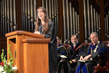 SGA President Jenaye White, senior public relations major, speaks to fellow students as well as Union's faculty and staff at Fall Convocation. - Photo by Emily Stookey