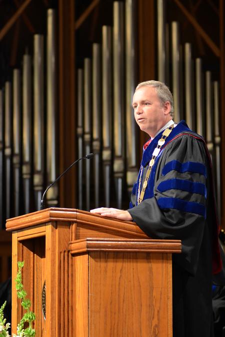 Dub Oliver, president of the university, addresses the congregation with his address "Liberty and Integrity" at Fall Convocation. - Photo by Emily Stookey