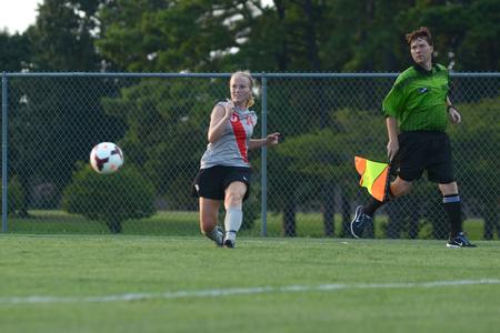 Lady Bulldog, Morgan Ballek, sophomore nursing major, kicks the ball during Union's exhibition game against Freed Hardeman University. - Photo by MiKalla Cotton