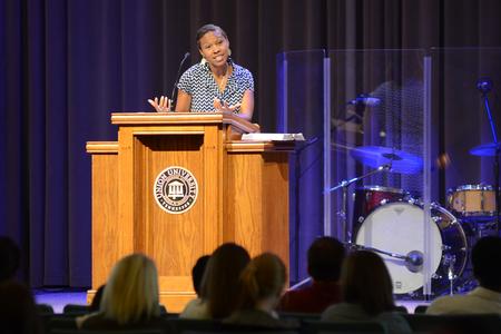 Trillia Newbell, Consultant on Women’s Initiatives for the SBC Ethics and Religious Liberty Commission, speaks about diversity in chapel. - Photo by MiKalla Cotton