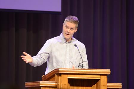 Michael Kelley, Director of Discipleship at LifeWay Christian Resources in Nashville, speaks to students in chapel. - Photo by Meg Rushing