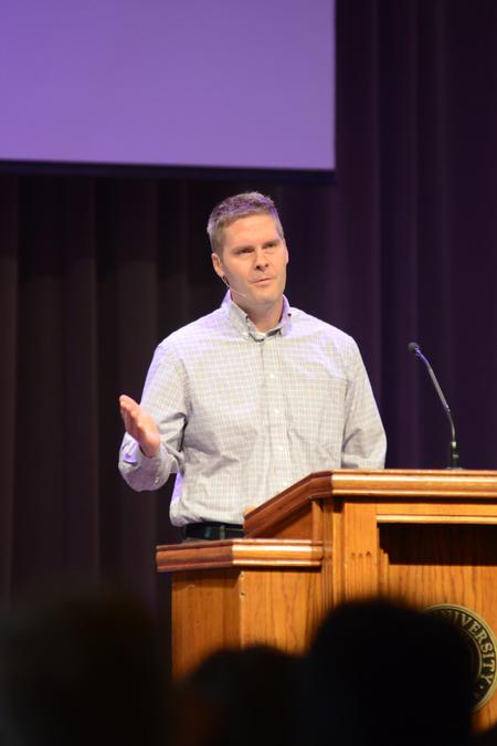 Michael Kelley, Director of Discipleship at LifeWay Christian Resources in Nashville, speaks on abiding in Christ in a chapel service. - Photo by Meg Rushing