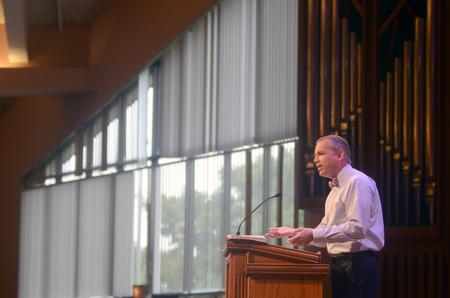 Dub Oliver, president of the university, speaks in Preview Day chapel about “Five Loaves and Two Fish.” - Photo by Amanda Rohde