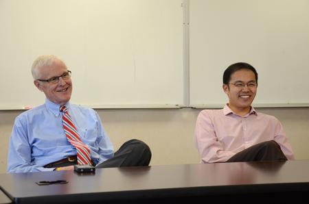 James A. Patterson, acting dean of the School of Theology and Missions, and Kevin Chen, assistant professor of Biblical studies, participate in a seminary panel hosted by Ministry Leadership in Jennings 325. - Photo by MiKalla Cotton