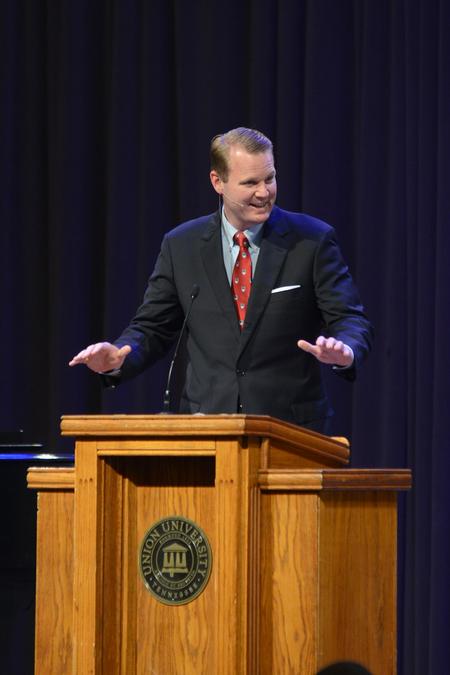 Jason Allen, President of Midwestern Theological Seminary, speaks in a chapel service. - Photo by Meg Rushing