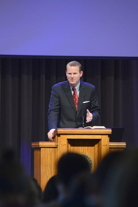 Jason Allen, President of Midwestern Theological Seminary, speaks in chapel. - Photo by Meg Rushing
