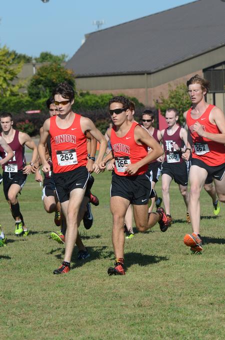 Will Donelson, sophomore chemistry major, Jake Whitney, sophomore biochemistry major, and Christian Winter, junior christian studies major, lead the race at a cross country meet on Union University's campus. - Photo by Meg Rushing
