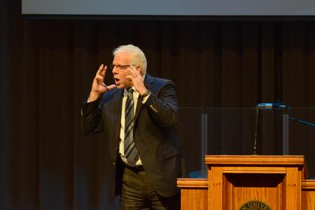 Mike Glenn, Senior Pastor at Brentwood Baptist Church, speaks to students in Faith in Practice chapel. - Photo by Meg Rushing