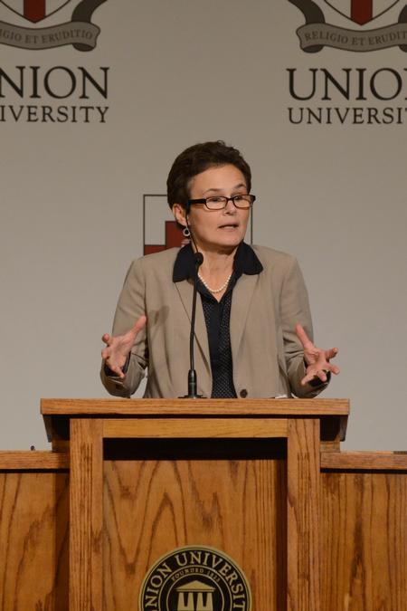 Award-winning Civil War author and historian, Elizabeth R. Varon, speaks as part of the 18th annual Carls-Schwerdfeger History Lecture Series. - Photo by Meg Rushing