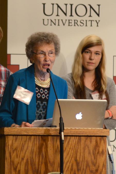 Auxiliary member Louise Bentley introduces scholarship holders at the Fall Auxiliary Scholarship Luncheon held in Carl Grant Event Center. - Photo by Meg Rushing