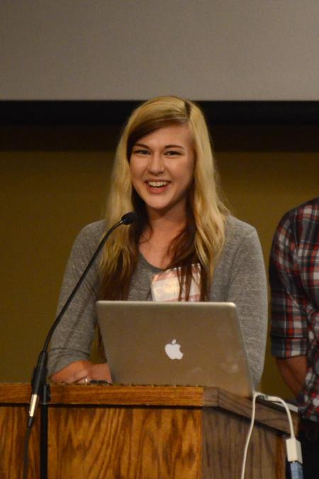 Scholarship holder and elementary education major, Brianna Hill, shares about the scholarship's helpfulness to her college career at the Union Auxiliary Fall Luncheon in Carl Grant Event Center. - Photo by Meg Rushing