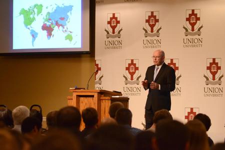 Wayne Grudem, professor of theology and biblical studies at Phoenix Seminary, speaks about his new book, The Poverty of Nations: A Sustainable Solution, during an event hosted by the R.C. Ryan Center for Biblical studies. - Photo by Meg Rushing