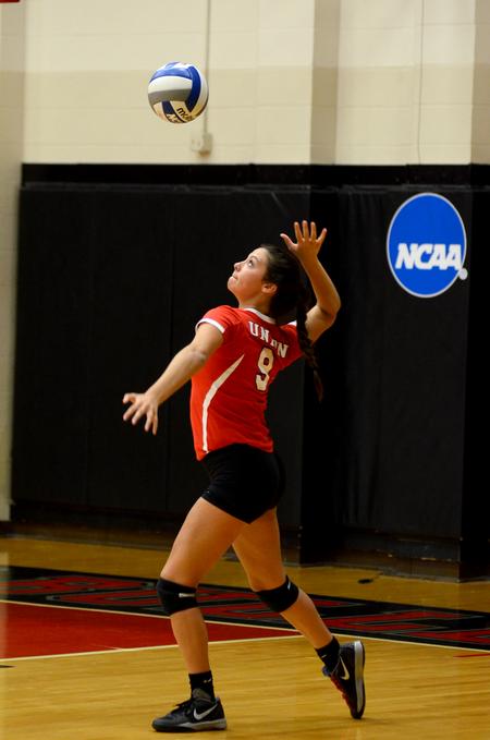 Freshman outside hitter and defensive specialist, Courtney Masters, serves to Williams Baptist in a match. - Photo by Meg Rushing