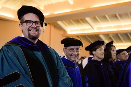 Hunter Baker, left, and Thomas Rosebrough join other faculty in gathering for Union's 16th presidential inauguration of Dub Oliver at the G. M. Savage Memorial Chapel. - Photo by Kathleen Murray