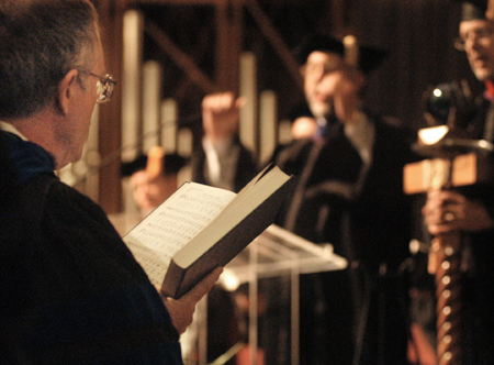 Vice Provost Jimmy Davis sings <i>Joyful, Joyful We Adore Thee</i> during fall convocation. - Photo by Kristen Nicole Sayres