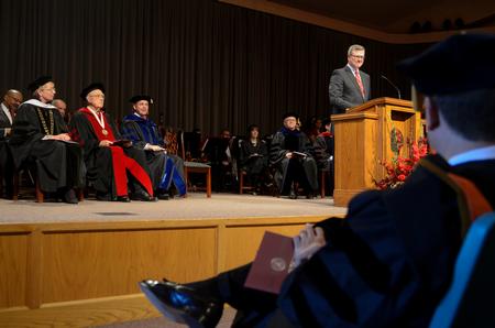 Norman Hill, Board of Trustees Chair, speaks to the group gathered for Union's 16th presidential inauguration in the G.M. Memorial Savage Chapel. - Photo by Kathleen Murray