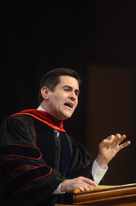 Russell D. Moore, president of the Ethics & Religious Liberties Commission of the Southern Baptist Convention, gives the inaugural address during the inauguration of Dub Oliver. - Photo by Kathleen Murray