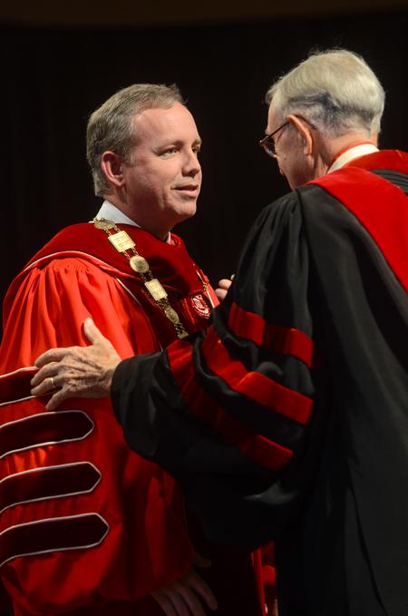 Hyran Barefoot, right, Union's 14th president, speaks with Samuel W. "Dub" Oliver, left, during the 16th presidential inauguration ceremony. - Photo by Kathleen Murray