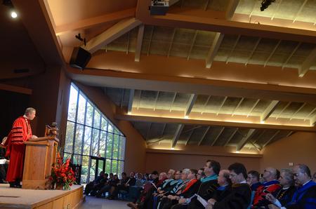 Samuel W. "Dub" Oliver, Union University's 16th president, gives his inaugural remarks to students, faculty, staff and friends of the university. - Photo by Kathleen Murray