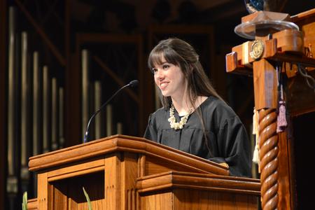 Jenaye White, SGA president, speaks on behalf of the student body during the presidential inauguration of Dub Oliver.  - Photo by Emily Stookey
