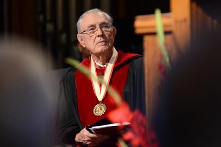 Hyran Barefoot, Union University's 14th president, listens intently as newly inaugurated Dub Oliver makes his first official address as the 16th president of Union University.  - Photo by Emily Stookey