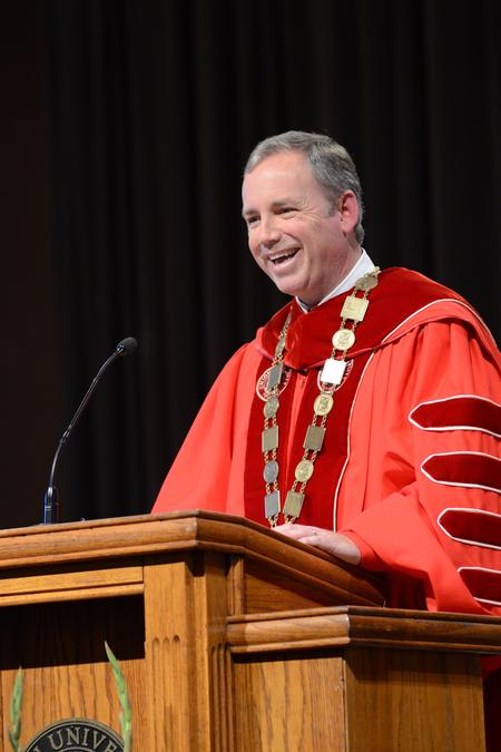 Newly inaugurated Dub Oliver makes his first official address as the 16th president of Union University in the G. M. Savage Memorial Chapel.  - Photo by Emily Stookey