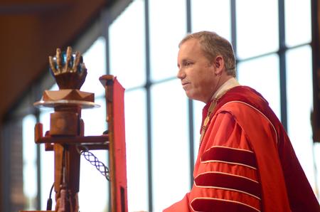 Dub Oliver, Union University's 16th president, speaks to students, faculty, family and friends of the university after his inauguration. - Photo by Emily Stookey