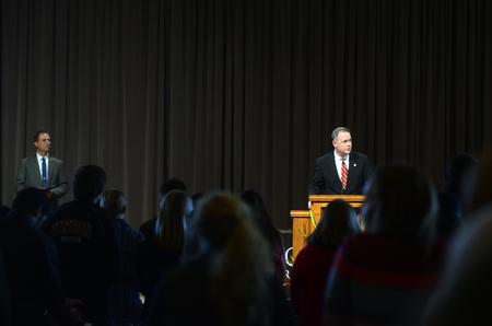 Todd Brady, vice president for university ministries, leads the benediction at the end of homecoming chapel. - Photo by Amanda Rohde