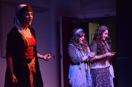 Kaitlyn Pindak, senior music education major, Liz Vaughn, senior music education major, and Paula Nestico, sophomore music major, perform in an opera workshop in Hartley Recital Hall. - Photo by MiKalla Cotton