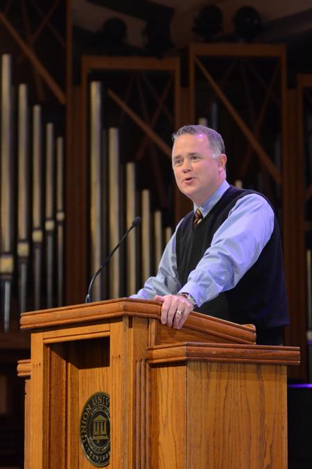 Todd Brady, vice president of university ministries, welcomes prospective students and their families to chapel on Preview Day. - Photo by Emily Stookey
