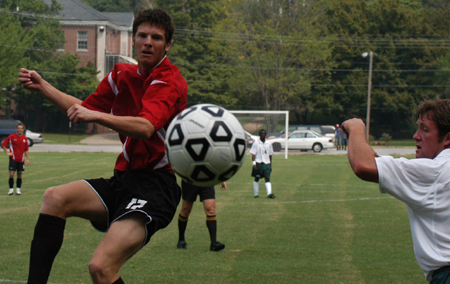 Freshman Brendan Kuhlman joins the fun in Union's 12-0 rout of of Delta State University. Normally a junior varsity player, Kuhlman shined in his opportunity to play on the champion Bulldog varsity squad. - Photo by Jonathan Blair