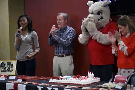 H.J., SGA president, introduces Dub Oliver, president of the university, and Susie Oliver, first lady, for the Union University 192nd birthday celebration. - Photo by Amanda Rohde