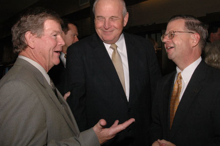 Union Board of Regents member George Atwood (left) talks with Union Trustee Skip Parvin (center) and Union's former Senior Vice President for Institutional Advancement Bob Alsobrook at the 2004 Scholarship Banquet. - Photo by Lindsay Stavish