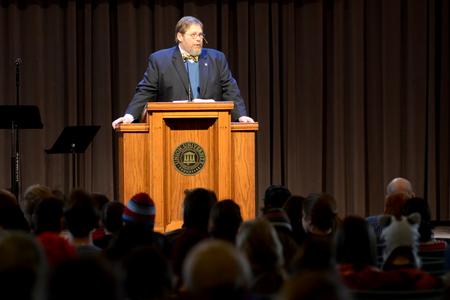Ben Mitchell, provost and vice president for academic affairs, speaks in a chapel during Scholars of Excellence weekend in the G.M. Savage Memorial Chapel. - Photo by MiKalla Cotton