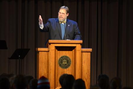 Ben Mitchell, provost and vice president for academic affairs, speaks in Friday chapel during Scholars of Excellence weekend in the G.M. Savage Memorial Chapel. - Photo by MiKalla Cotton