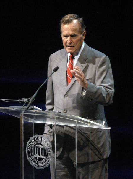 Former U.S. President George H.W. Bush spoke to an audience of 2200 at the Carl Perkins Civic Center during Union University’s Eighth Annual Scholarship Banquet. - Photo by Jim Veneman