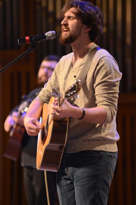 Nathan Shoemaker, junior music major, leads music in a chapel service in the G.M. Savage Memorial Chapel. - Photo by MiKalla Cotton