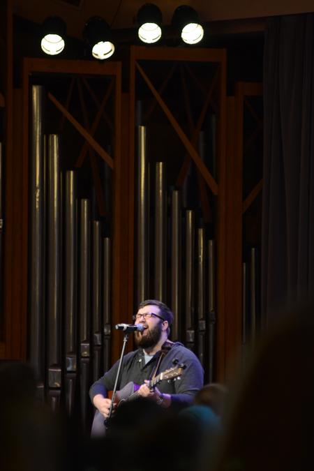 Jordan Williams, senior biblical studies major, leads worship during a chapel service in the G.M. Savage Memorial Chapel. - Photo by MiKalla Cotton