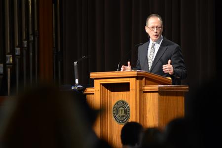 Charles Lawless, vice president for graduate studies and ministry centers at Southeastern Baptist Theological Seminary, speaks in the G.M. Savage Memorial Chapel. - Photo by MiKalla Cotton