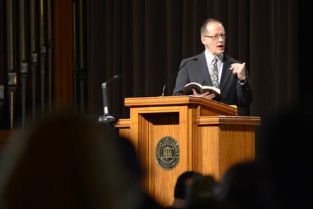 Charles Lawless, vice president for graduate studies and ministry centers at Southeastern Baptist Theological Seminary, speaks during a chapel service in the G.M. Savage Memorial Chapel. - Photo by MiKalla Cotton