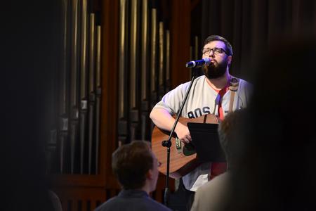Jordan Williams, senior biblical studies major, leads worship during a chapel service in the G.M. Savage Memorial Chapel. - Photo by MiKalla Cotton